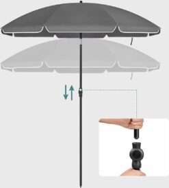 SONGMICS Strandparasol Diameter 160cm Tuinparasol UPF 50+ UV-bescherming Opvouwbaar zonnescherm Draagbare glasvezel Parapluribben Grijs GPU060G01