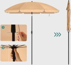 SONGMICS Strandparasol Ø 200 cm Parasol UV-bescherming tot UPF 50+ Opvouwbare zonwering Draagbare glasvezel Paraplu-ribben Taupe GPU65BRV1